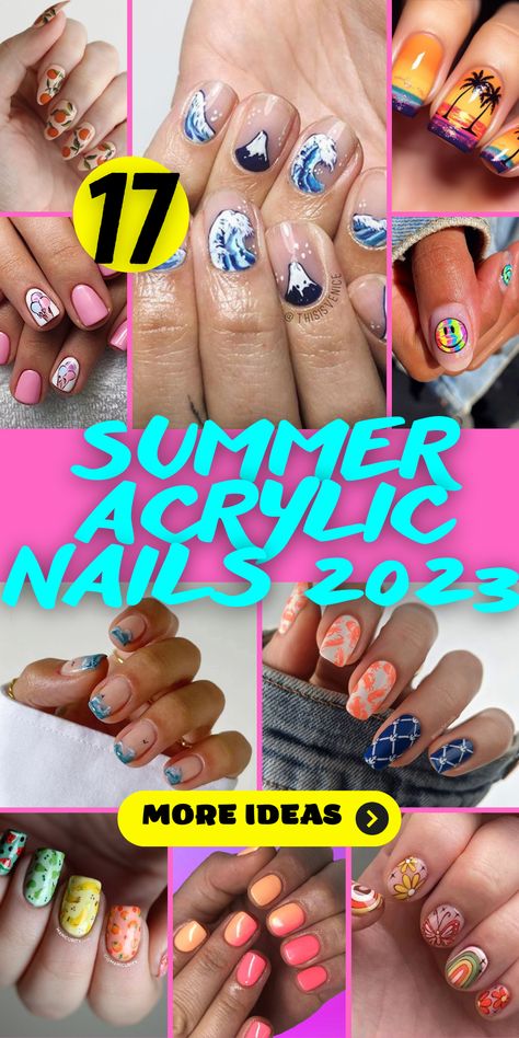 For the summer of 2023, round acrylic nails are all the rage. The round shape lends a classic and sophisticated look to your nails. Bright colors like pink, yellow, or blue paired with simple designs, such as French tips or polka dots, can make your nails pop. Don't forget to finish with a high-gloss top coat for that extra shine. Holiday-inspired acrylic nails are a fun way to celebrate the summer season. Think tropical sunset gradients, palm leaf patterns, or beach scene designs. Beach French Tip Nails, Summer Acrylic Nails 2023, Holiday Nails Summer 2023, Holiday Nails Summer Acrylic, Round Acrylic Nails, Nails Bright Colors, Trendy Acrylic Nails, Rounded Acrylic Nails, Nail Polish Colors Summer