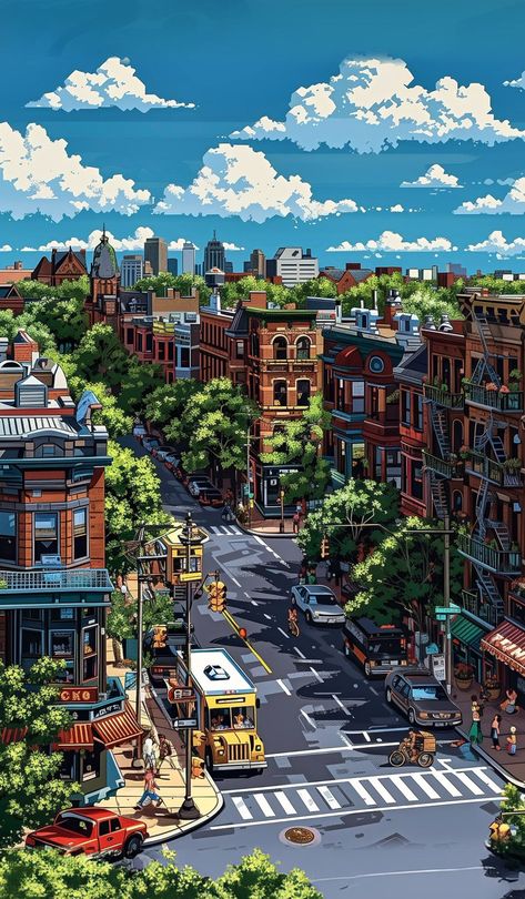 Illustration City, Pixel Art Landscape, Art Place, Dreamy Artwork, Building Illustration, City Drawing, City Illustration, Cool Wallpapers Cartoon, Fantasy Places