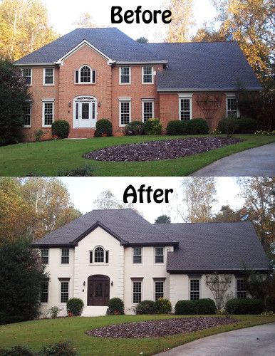 Amazing what painted brick can do to transform and add character to a home. #exterior paint Renovation Facade, Painted Brick Exteriors, Painted Brick House, House Before And After, Home Exterior Makeover, Brick Exterior House, Roof Colors, Exterior Makeover, Casa Exterior