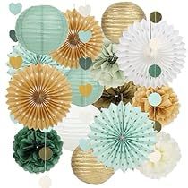 Green And Brown Party, Brown Party Decorations, Sage Green And Brown, Brown Tissue Paper, Paper Lanterns Party, Paper Fan Decorations, Paper Pom Pom, Circle Garland, Gold Tissue Paper