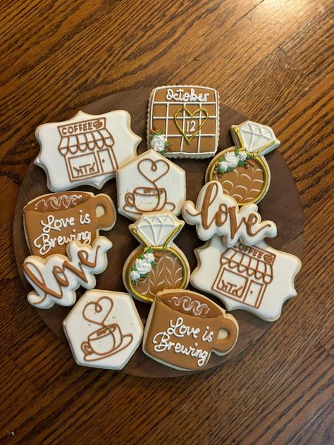 Love Is Brewing Cookies Decorated, Love Is Brewing Bridal Shower Cookies, Love Is Brewing Bridal Shower Ideas Food, Love Is Brewing Bachelorette, Love Is Brewing Cookies, Love Is Brewing Engagement Party, Coffee Theme Bridal Shower Ideas, Love Is Brewing Bridal Shower Decor, Coffee Bridal Shower Theme