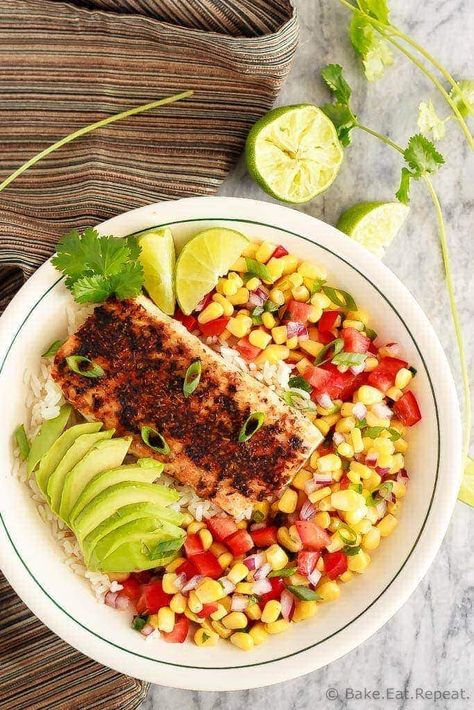 Blackened Fish Taco Bowls with Corn Salsa - Bake. Eat. Repeat. Salad For Fish, Blackened Fish Tacos, Blackened Fish, Blacken Fish, Corn Salsa Recipe, Fish Taco, Fish Tacos Recipe, Healthy Lunch Meal Prep, Taco Bowls