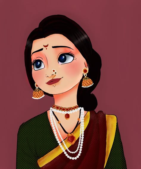 Disney princess Elsa Indian Female Drawing, Traditional Cartoon Art, Maharashtrian Bride Illustration, Bride Painting Indian, Maharashtrian Painting, Maharashtra Day Drawing, Maharashtrian Illustration, Marathi Illustration, Indian Lady Drawing