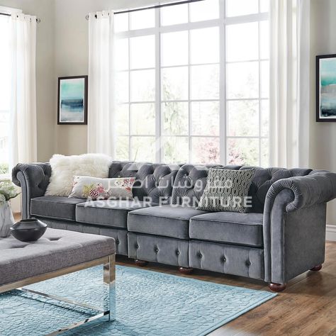 Chesterfield Living Room Sofa Furniture Gray Velvet Couch, Long Couch, Velvet Sofa Living Room, Tufted Chesterfield Sofa, Sofa Chesterfield, Tufted Couch, Grey Velvet Sofa, Elegant Living Room Decor, Cool Couches