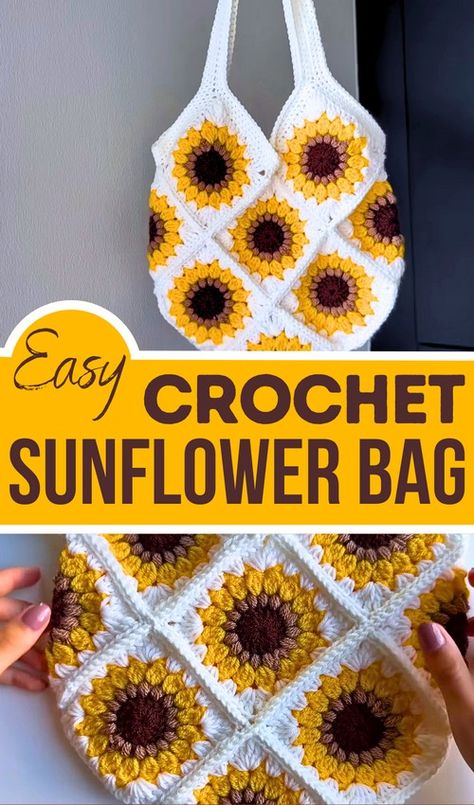 Easy Sunflower Granny Square Crochet, Sunflower Crochet Bag Pattern, Sunflower Crochet Bag Tutorial, Crochet Sunflower Purse Free Pattern, Crochet Granny Bag Pattern, Crochet Sunflower Granny Square Bag Pattern Free, How To Crochet A Granny Square Bag, Crochet Sunflower Bag Free Pattern, Sunflower Granny Square Bag