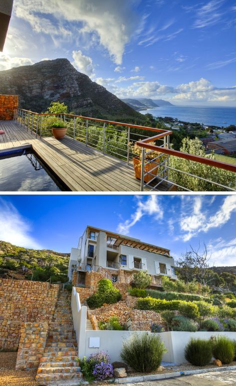 What's better than to relax in a pool while marveling at a breathtaking view of the sea and mountains! At Umnenge House in Simon's Town you can have all this and more. #simonstown #capetown #atthesea #seaview #mountainview #nature Capetown Houses, House Near Beach, Beach View House, House Near The Sea, Sea And Mountains, Mountain View Home, Sea View House, Dream Beach Houses, Sea House