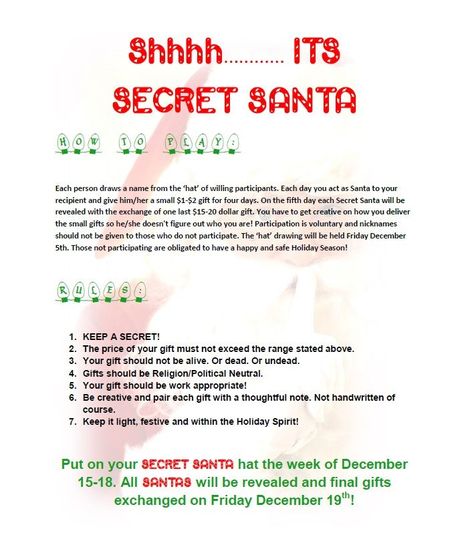 secret santa guidelines | 29 best images about social on Pinterest | Teaching ... Secret Santa Rules Families, Rob Your Neighbor Game Rules, Work Secret Santa Rules, Secret Santa Week Of Gifts, Secret Santa Rules For Work, Secret Santa Clues About Yourself, Secert Santa, Secret Santa Rules, Hr Ideas