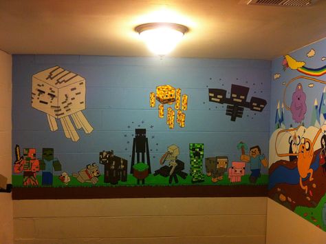 Minecraft Mural - Other Fan Art - Fan Art - Show Your Creation - Minecraft Forum - Minecraft Forum Minecraft Wall Painting Ideas, Minecraft Room Painting Ideas, Minecraft Nursery, Minecraft Mural, Minecraft Classroom, Minecraft Merch, Minecraft Quilt, Attic Room Ideas, Minecraft Bedroom Decor