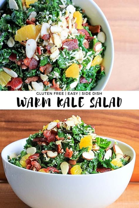 Warm Kale Salad is a delicious way to eat your greens! It's a simple 15 minute side dish recipe made with salty bacon and parmesan, bright oranges and a crunch from the almonds. #finishedwithsalt #kalesalad #bacon #sidedish #wilted #healthy #glutenfree | finishedwithsalt.com Wilted Kale, Warm Kale Salad, Orange Dressing, Salad Recipes Gluten Free, Paleo Salad Recipes, Gluten Free Salads, Kale Salad Recipes, Paleo Salads, Caesar Salad Recipe