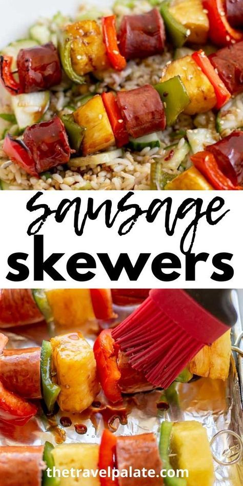 Kabobs On The Grill Sausage, Polish Sausage Kabobs, Chicken Sausage Skewers, Smoked Sausage Skewers, Grilled Chicken Sausage Recipes, Kielbasa Grill Recipes, Smoked Sausage On The Grill, Skewer Recipes Oven, Grilled Polish Sausage Recipes