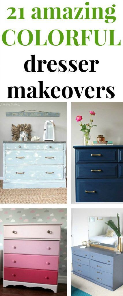 Amazing colorful dresser makeovers, get inspired for your next painting project for the bedroom! Green dressers, blue dresser, pink dressers and red dressers! #diy #diyproject #furnituremakeover #dresser #painting #paintedfurniture #paint #spraypaint #colorful Dresser With Colored Drawers, Nursery Dresser Color Ideas, Multi Colored Dresser Drawers, Colorful Dresser Diy, Red Dressers, Pink Dressers, Blue Dressers, Dressers Diy, Dresser Painting