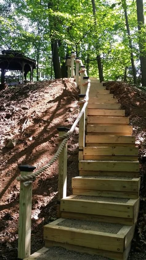 Box Wood Steps on steep hill #411 gravel fill. 4x6 & 4x4 treds and rise. 2" Pro-manila rope railing. Steep Gardens, Lake Landscaping, Sloped Backyard Landscaping, Landscaping A Slope, Landscape Stairs, Gravel Landscaping, Sloped Yard, Hillside Garden, Sloped Backyard