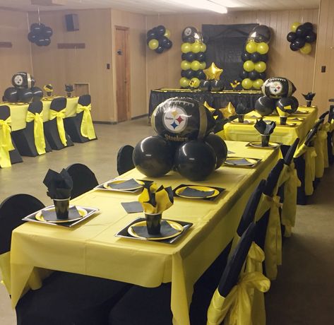 Pittsburgh Steelers party decorated by Decor By Yolanda Steeler Party Decorations, Pittsburgh Steelers Birthday Party, Steelers Party Decorations, Steelers Decorations Diy Party Ideas, Pittsburgh Steelers Party Ideas, Steelers Themed Birthday Party, Steelers Party Ideas, Steelers Birthday Party Ideas, Steelers Birthday Party