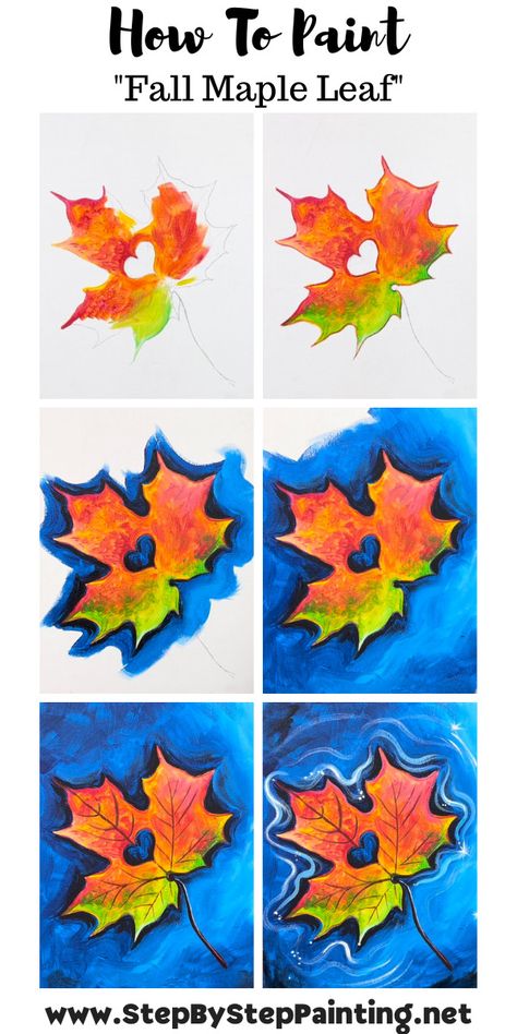 Maple Leaf Floating In Water - Acrylic Painting Tutorial Fall Leaf Painting Acrylic, Painted Maple Leaf, Fall Paintings On Canvas Easy Leaves, Draw Painting, Fall Art Grade 2, Fall Painting For Kids, Fall Painting Tutorial Step By Step, Fall Art Ideas For Kids, Fall Painting Tutorial