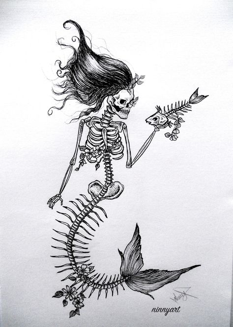 Mermaid Tattoo Meaning, Mermaid Skull, Skeleton Mermaid, Mermaid Tattoo Designs, Mermaid Skeleton, Kunst Tattoos, Skeleton Illustration, Skeleton Tattoos, Mermaid Tattoo