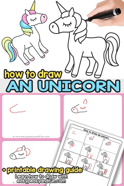 This easy how to draw an unicorn step by step tutorial will have you drawing unicorns in no time. Grab the directed drawing printable that makes unicorn drawing possible wherever you go. Cute and easy kids friendly instructions. Draw A Unicorn, Drawing Printable, Unicorn Drawing, Directed Drawing, Easy Drawing Tutorial, Unicorn Crafts, Easy Art Projects, Cool Art Projects, Drawing Tutorial Easy