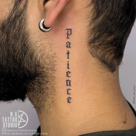 Neck Words Tattoo, Neck Writing Tattoo Men, Neck Tattoo Lettering, Neck Writing Tattoo, Word Neck Tattoos, Patience Tattoo, Cross Tattoo Neck, Wrist Band Tattoo, Tattoo Ideas Males