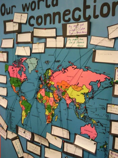 Our World Connections - get the class to identify a friend/relative etc each who lives abroad. Mark them on a map as shown World Map Bulletin Board Ideas, Geography Bulletin Boards, World Map Bulletin Board, Global Bulletin Board Ideas, Map Bulletin Board Ideas, Geography Bulletin Boards Middle School, World Map Classroom Display, World Geography Classroom Decor, Thinking Maps Bulletin Boards