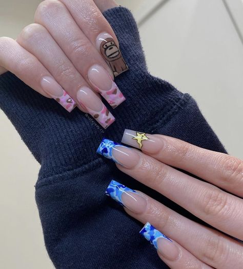 Trendy Baddie Nails, Streetwear Nails, Bape Nails, Alien Nails, Posh Nails, Hard Nails, Blue Acrylic Nails, Girly Acrylic Nails, Simple Acrylic Nails