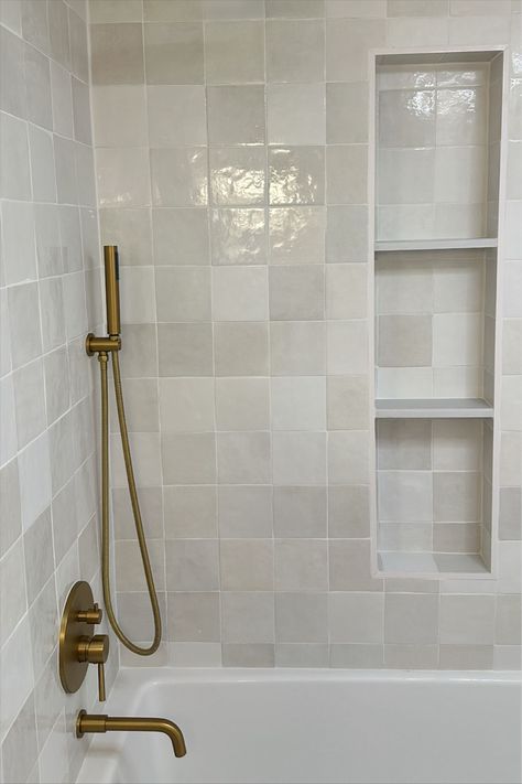 Cloé 5" x 5" Ceramic Tile in White curated on LTK Shower Niche With Shelves, Shelves Over Tub, Niche With Shelves, Bathtub Tile Ideas, Shower Niche Tile Ideas, Bathroom Shelves Over Tub, Aesthetic Bathtub, Gold Tub, Tile Around Bathtub