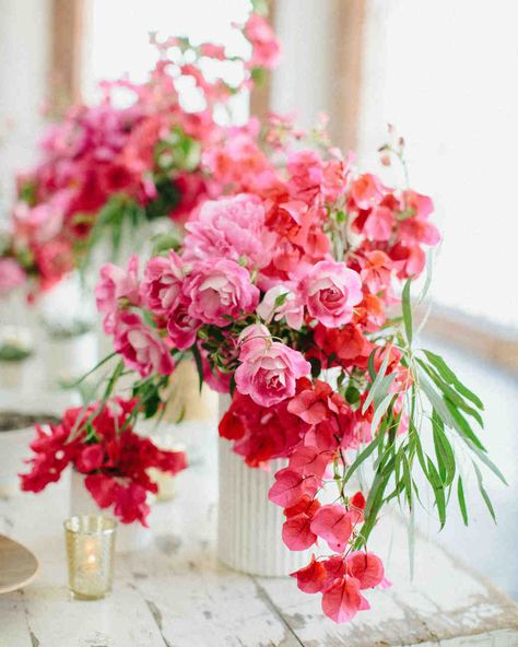 Pink Wedding Centerpieces We Love | Martha Stewart Weddings - This pink-and-red wedding centerpiece display would look right at home at either a Valentine's Day-inspired bridal shower or a spring garden wedding. Red Wedding Centerpieces, Bougainvillea Wedding, Pink Wedding Centerpieces, Pink Centerpieces, Spring Garden Wedding, Red Bouquet Wedding, Pink Garden, Pink Hydrangea, Pink Candles