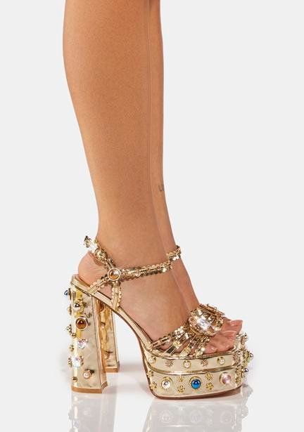 Valentine's Day Shoes | Dolls Kill Gold Platforms, Dr Shoes, Azalea Wang, Cute Heels, Embellished Sandals, Swag Shoes, Rhinestone Studs, Pretty Shoes, Dream Shoes