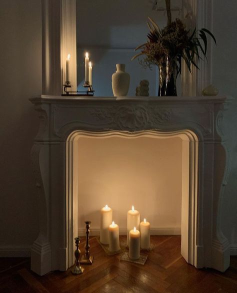 check lesa luka for new pieces! #sustainable #slowfashion #sustainablefashion #pomalamoda pic via @kate.zach Candlesticks In Fireplace, Mantel Surround Ideas, Candles In Fireplace Ideas, Fireplace With Candles, Romantic Fireplace, Body Snatcher, Boho Flat, Mantle Decorations, Living Room Candles