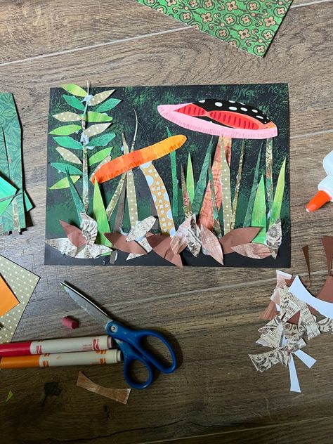 Grade Two Art Projects, Mushroom Art Kindergarten, Habitat Art Projects For Kids, Fall Art Class Projects, Woodland Animal Art Projects For Kids, Children’s Art Projects, Mushroom Art Projects, Art Ideas Mushroom, Mushroom Collage Art