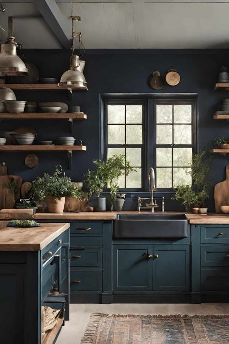 40+ Aesthetic Moody Farmhouse Kitchen Ideas You Will Both Love Interior House Inspiration, Dark And Moody Home Aesthetic, Adding Charm To Your Home, Trending Kitchens 2024, Blue And Wood Kitchen, Moody Kitchen Ideas, Blue And Wood, Monochromatic Kitchen, Teal Cabinets