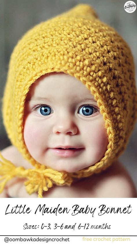 The Little Maiden Bonnet is super simple to make in your favorite Worsted Weight Yarn [4]. This adorable handmade bonnet pattern is available in 3 baby sizes and it can be crocheted in less than an hour! Pink Designs, Crochet Baby Bonnet, Bonnet Pattern, Crocheted Hat, Bonnet Crochet, Baby Bonnets, Haken Baby, Baby Bonnet, Crochet Baby Hats