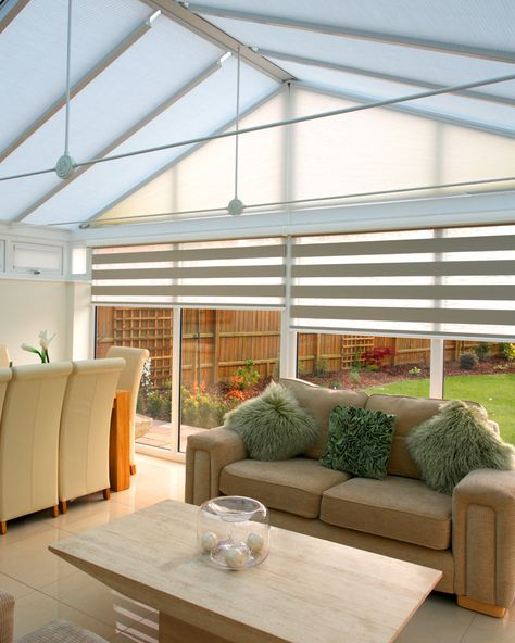 Many customers choose to install blinds into their conservatory or glass extension to reduce the amount of heat and light in the summer months. ⁠ ⁠ Watch our latest IGTV video for top tips on how to keep your conservatory cool this summer. This includes keeping your blinds extended throughout the day and keeping the room well ventilated. ⁠ ⁠ ⁠ Blinds In Conservatory, Blinds For Conservatory Windows, Conservatory Window Coverings, Townhome Aesthetic, Conservatory Roof Ideas, Conservatory Blinds Ideas, Blinds For Sliding Doors, Conservatory Curtains, Blind Fabrics