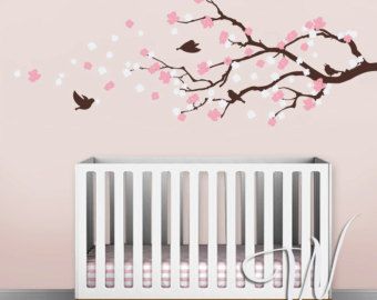 Cherry Blossom Branch with Birds - Nursery Wall Decal Wall Stickers For Pink Wall, Cherry Blossom Nursery, Birds Nursery, Addison Lee, Baby Beluga, Bird Nursery, Blossom Branch, Girl Nursery Room, Chinoiserie Wall