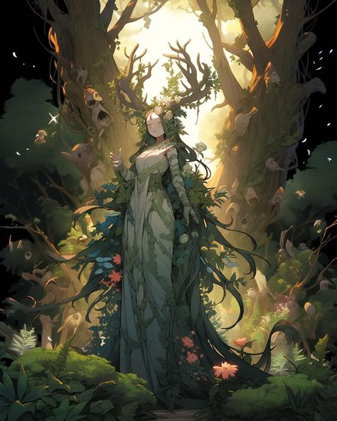 Plant Woman Character Design, Goddess Of Nature Aesthetic, God Of Nature Art, Mother Nature Fanart, Dryad Concept Art, God Of Nature Fantasy Art, Nature God Character Design, Mother Nature Character Design, Nature Goddess Drawing