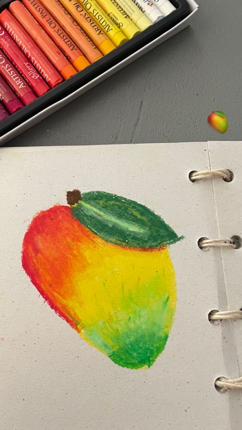 Mango Oil Painting, Easy Crayon Painting Ideas, Easy Drawings Crayons, Mango Oil Pastel Drawing, Still Life Pastel Drawing, Crayola Crayon Drawing Ideas, Oil Pastel Art Cute, Oil Pastel Art For Beginners Tutorial, Oil Pastel Food