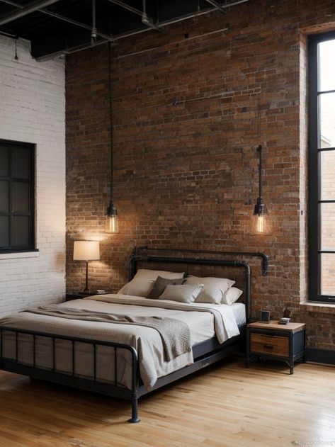 Industrial bedroom ideas with exposed brick walls, metal accents, and utilitarian decor #BedroomIdeas #BedroomDesign Brick Bedroom, Industrial Bedroom Design, Industrial Style Bedroom, Grey Bedroom Furniture, Masculine Bedroom, Industrial Bedroom, Bedroom Bliss, Industrial Interior Design, Exposed Brick Walls