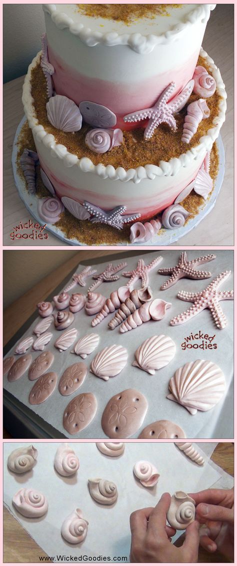 VIDEO: Modeling Chocolate Seashells - edible sand dollars, scallops, snails, and starfish for beach themed cake decorations by Wicked Goodies Chocolate Seashells, Seashell Cake, Edible Sand, Beach Themed Cakes, Sea Cakes, Beach Cakes, Modeling Chocolate, Mermaid Cakes, Sand Dollars