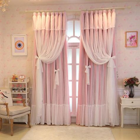 Lace Pink Tulle Curtains – Sissy Panty Shop Cute Pink Curtains, Pink Room Curtains, Cute Curtains Bedroom, Pink Curtains Bedroom, Bed Canopy With Lights, Girl Curtains, Fancy Curtains, Cute Curtains, Shabby Chic Curtains