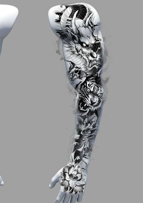 Koi Fish And Dragon Tattoo Sleeve, Koi Full Sleeve Tattoo Design, Koi Fish Dragon Tattoo Sleeve, Tiger Koi Fish Tattoo, Japanese Koi Sleeve Tattoos, Japanese Dragon Sleeve Tattoos, Dragon Full Sleeve Tattoo Design, Japanese Dragon Arm Tattoo, Koi Fish Dragon Tattoo