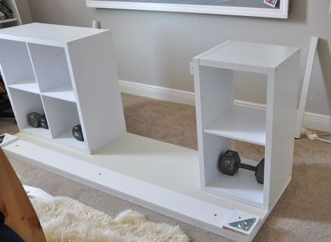 DIY Desk Using a Hollow Core Door and Some Cube Storage Craft Desk With Cube Storage, Desk Made With Storage Cubes, Cubby Storage Desk Diy, Diy Desk Cube Storage, Desk Using Cube Storage, Cube Bookshelf Desk, Diy L Shaped Desk With Cube Storage, Cube Storage Office Organization, Cube Storage Table Diy