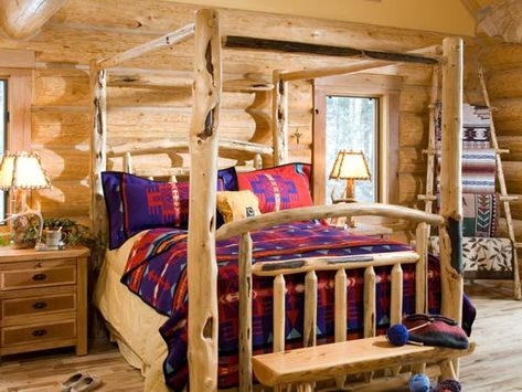 bed in log home Rustic Wood Bed Frame, Log Bed Frame, Wood Furniture Bedroom Decor, Log Bedroom Furniture, Rustic Wood Bed, Country Bedroom Furniture, Lodge Bedding, Bed Frame Plans, Log Bed