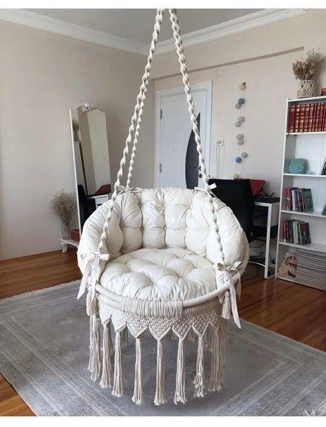 Bedroom Hammock Chair, Floating Furniture, Hammock In Bedroom, Chair Macrame, Indoor Hammock Chair, Indoor Swing Chair, Macrame Hanging Chair, Macrame Hammock, Aesthetic Interior Design