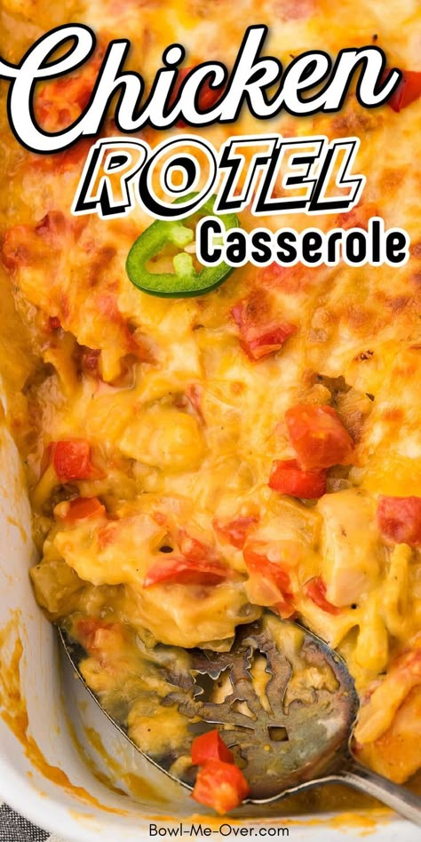 A spoon in a chicken Doritos cheesy casserole with Pinterest overlay. Dorito Chicken Casserole Rotel, Rotel Mexican Chicken Casserole, Rotel Chicken Casserole Recipes, Easy Chicken Tortilla Casserole, Chicken Rotel Rice Recipes, Shredded Chicken Rotel Recipes, Chicken Rice Rotel Casserole, Tortilla Chip Chicken Casserole, Cheesy Chicken Tortilla Casserole