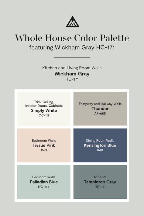 Bridge the gap between contemporary and modern with a whole home paint color palette featuring Benjamin Moore’s popular Wickham Gray HC-171 and other classic hues. Oxford Grey Benjamin Moore, Benjamin Moore Blue Gray Paint Colors, Gentlemans Gray Benjamin Moore, Puritan Gray Benjamin Moore, Benjamin Moore Oxford Gray, Benjamin Moore Whole House Color Scheme, Wickham Gray Benjamin Moore, Benjamin Moore Wickham Gray, Whole House Palette