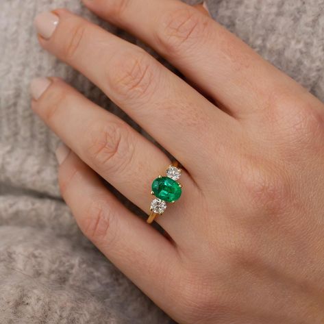 ROHINI Although the meaning of a three stone ring is often poetically connected with the three chapters of our lives, past, present and future, stones like emeralds have their own stories and can signify much, much more. The Rohini is a very pretty floral inspired trilogy ring and features two round cut side diamonds. Because of its rounded sides it suits shapes like Ovals, Rounds and Asscher cuts. It can be set with your choice of centre stone and metal choice. Oval cut Green Emerald 1.40... Ring Inspo, Trilogy Ring, Three Stone Ring, Asscher Cut, Three Stone Rings, Green Emerald, The Meaning, Three Stone, Stone Ring