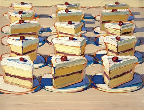 One of Wayne Thiebaud's amazing cake paintings. Wonderful use of color & texture, those slices are calling my name... Wayne Thiebaud Cakes, Food Artists, Franz Kline, Wayne Thiebaud, Pop Art Movement, Robert Rauschenberg, Jasper Johns, Art Lessons For Kids, Food Painting