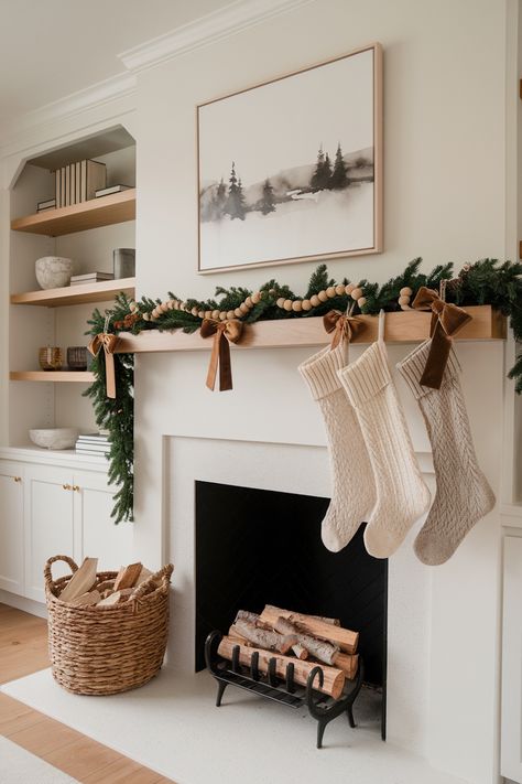 19+ Classy Christmas Mantle Decor Ideas - rustic, simple & elegant Mantle Staging Ideas, Mantlepiece Christmas Decor, Christmas Mantle Piece Ideas, Tv Over Fireplace Christmas Decor, Chic Christmas Mantle Decor, Wreath On Mantle Christmas, Under The Tv Christmas Decor, Neutral Christmas Fireplace Decor, Stockings Above Fireplace