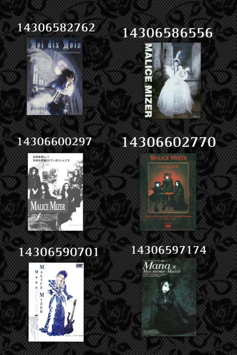 Goth poster decal bloxburg mana sama vkei malice mizer roblox Goth Roblox Decal Id, Royale High Halloween Pfp Codes, Emo Codes For Bloxburg, Bloxburg Goth Bedroom, Royale High Decal Id Codes Pfp Halloween, Anime Roblox Id Codes, Goth Bloxburg Room, Bloxburg Vampire Outfit Codes, Rock Decals Bloxburg