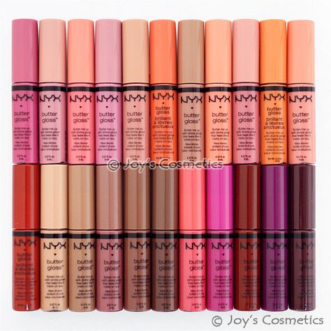 Every shade of NYX Butter Gloss Butter Lip Gloss, Nyx Lip Gloss, Nyx Butter, Nyx Butter Gloss, Butter Gloss, Nyx Lip, Vegan Lip Balm, Nyx Makeup, Cosmetic Items