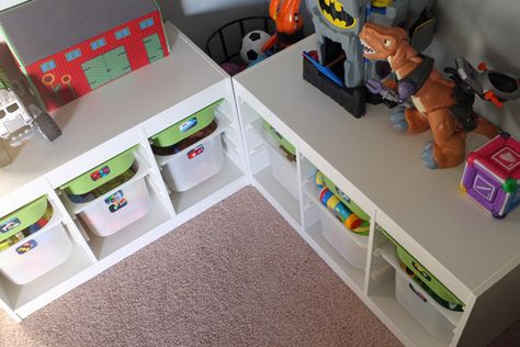 Ikea Trofast Corner, Trofast Corner, Corner Toy Storage, Girly Playroom, Bonus Room Playroom, Playroom Toy Storage, Toy Storage Bench, Reading Nook Kids, Diy Playroom