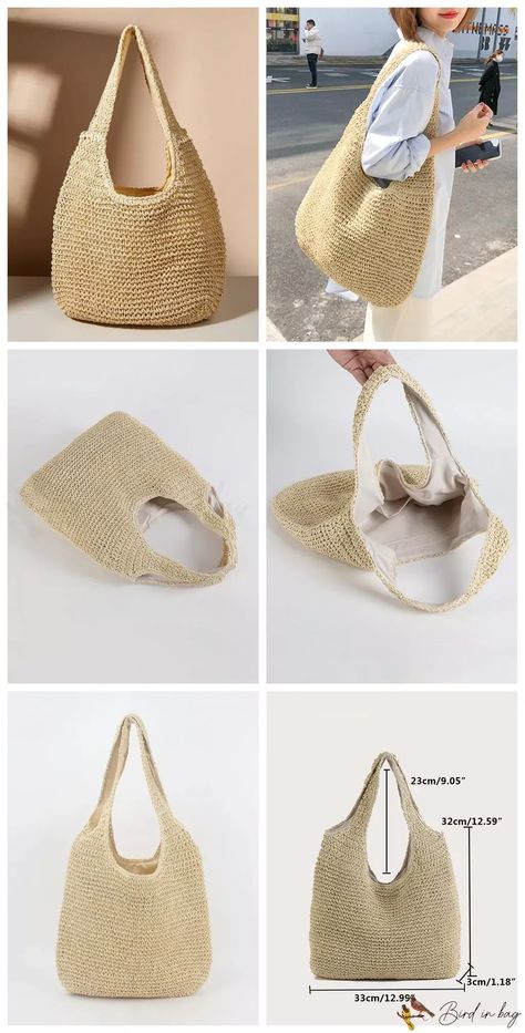 Description BirdinBag – Chic Straw Tote: Stylish Simplicity for Modern Minimalists Product Description Color Beige Strap Type Double Handle Pattern Type Plain Bag Size Small Style Vacation Type Straw Bag Closure Type Zipper Material Paper Size Chart INCH CM Bag Length Bag Width Bag Height Handle Height 13 inch 1.2 inch 12.6 inch 9.1 inch Bag Length Bag Width Bag Height Handle Height 33 cm 3 cm 32 cm 23 cm Details Pictures Similar Products Free Crochet Bag Patterns, Crochet A Bag, Easy Crochet Bag, Free Crochet Bag, Bag Pattern Free, Modern Knitting, Crochet Fashion Patterns, Handbag Pattern, Rattan Bag